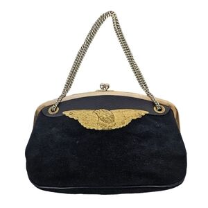 Vintage Roger Van‎ S Brass Eagle Navy Suede Kiss Lock Clutch Purse Evening Bag